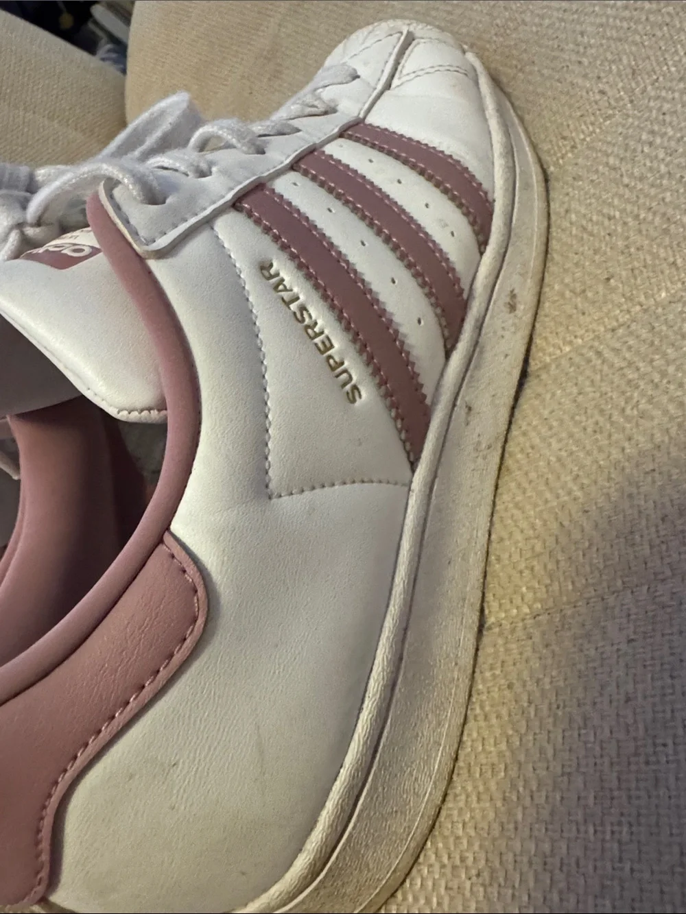 adidas White Leather Superstars with Mauve Accent
